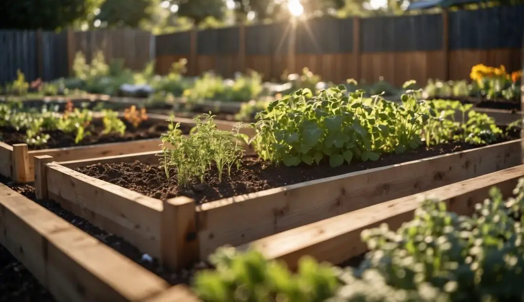 A serene garden scene highlighting multiple raised wooden garden beds filled with lush, green plants, basking in the golden hour sunlight.