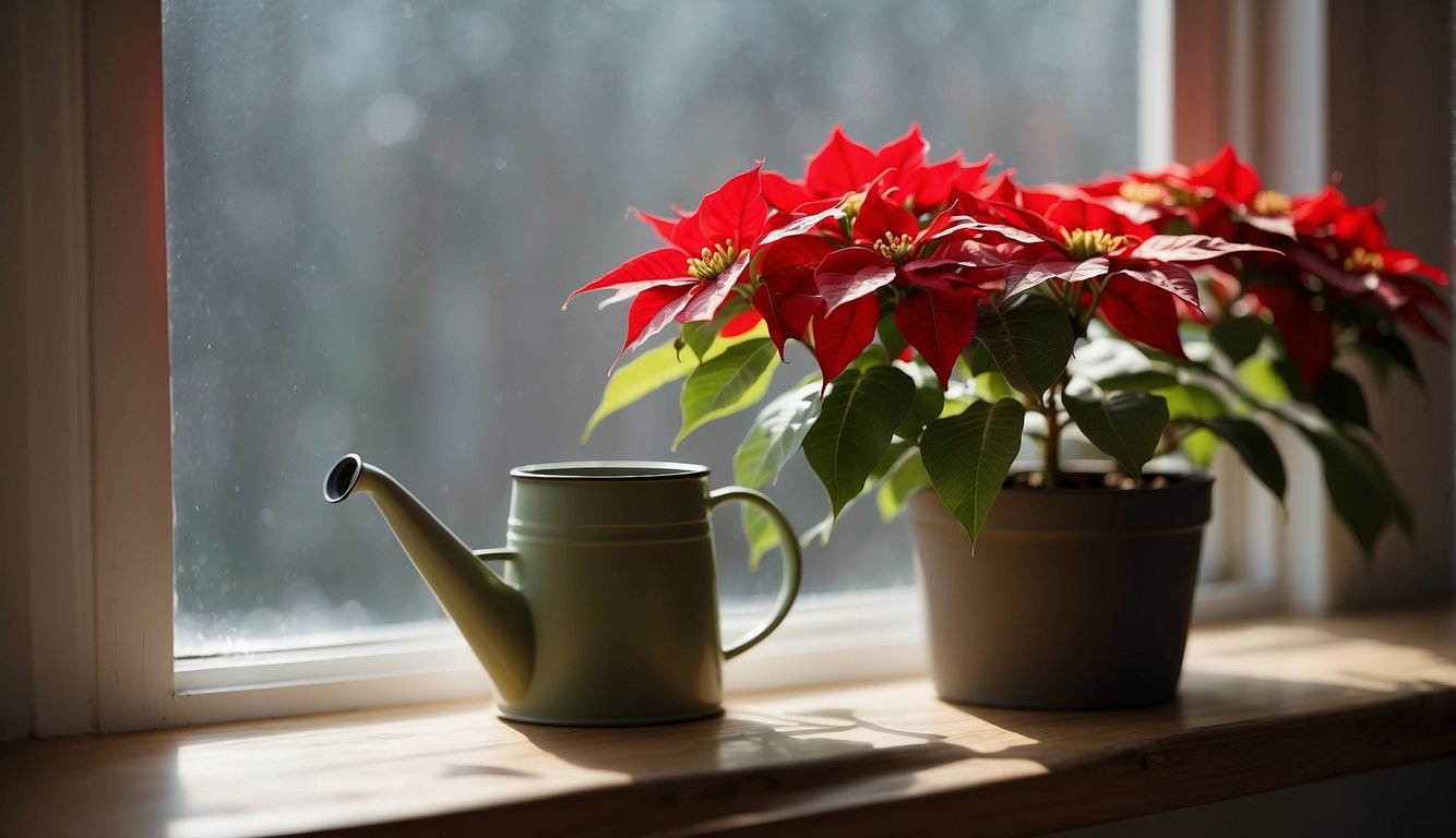 A vibrant poinsettia with red and green leaves sits next to a green watering can on a wooden window sill, bathed in natural light.