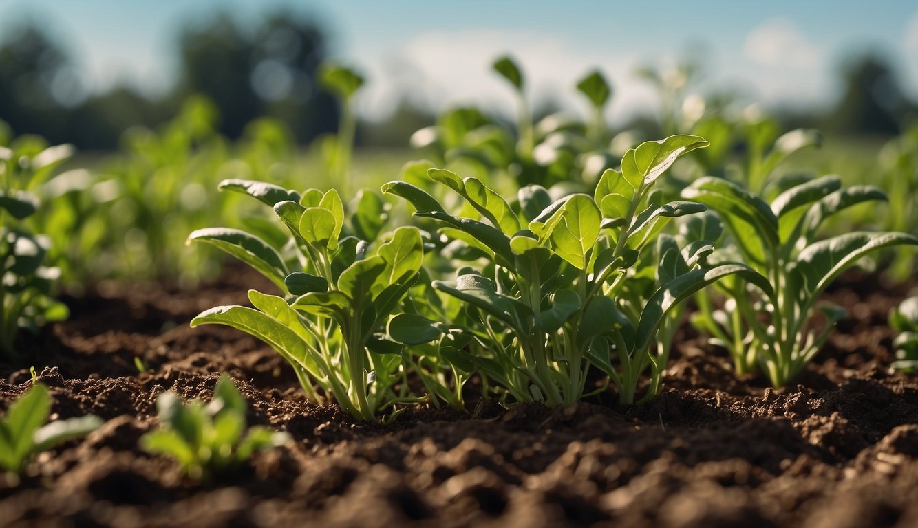 Young arugula plants growing in rich soil under natural sunlight in a thriving garden bed.