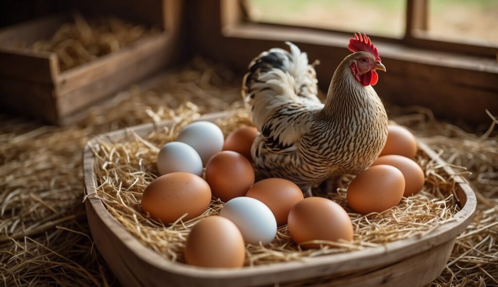 Chicken standing in a straw-filled basket surrounded by brown and white eggs inside a rustic coop.