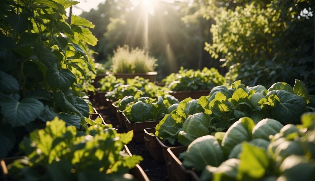 A thriving raised bed garden filled with leafy greens like lettuce and cabbage, bathed in warm sunlight.