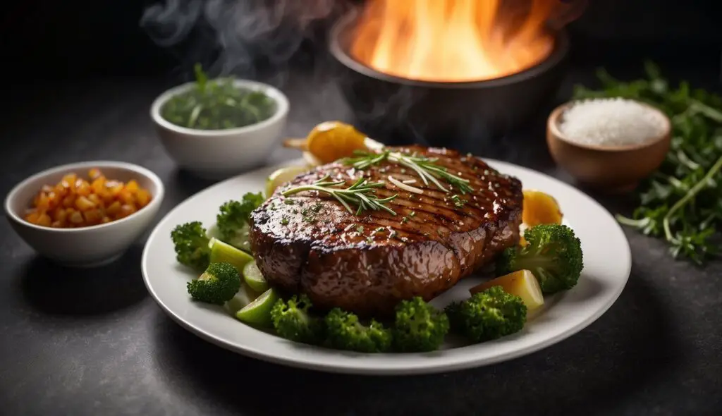 A well-cooked liver steak garnished with rosemary, accompanied by onions and broccoli on a white plate, with steam rising from the food indicating it is hot. Small bowls of corn and salt are also present in the background, with a dramatic flame element adding to the ambiance.