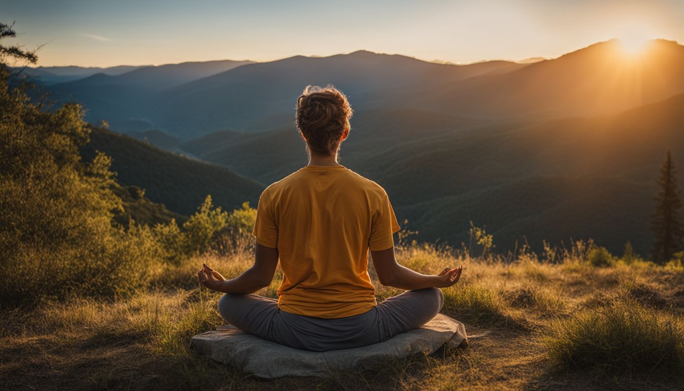 A person meditating on a rock amidst nature during sunset.