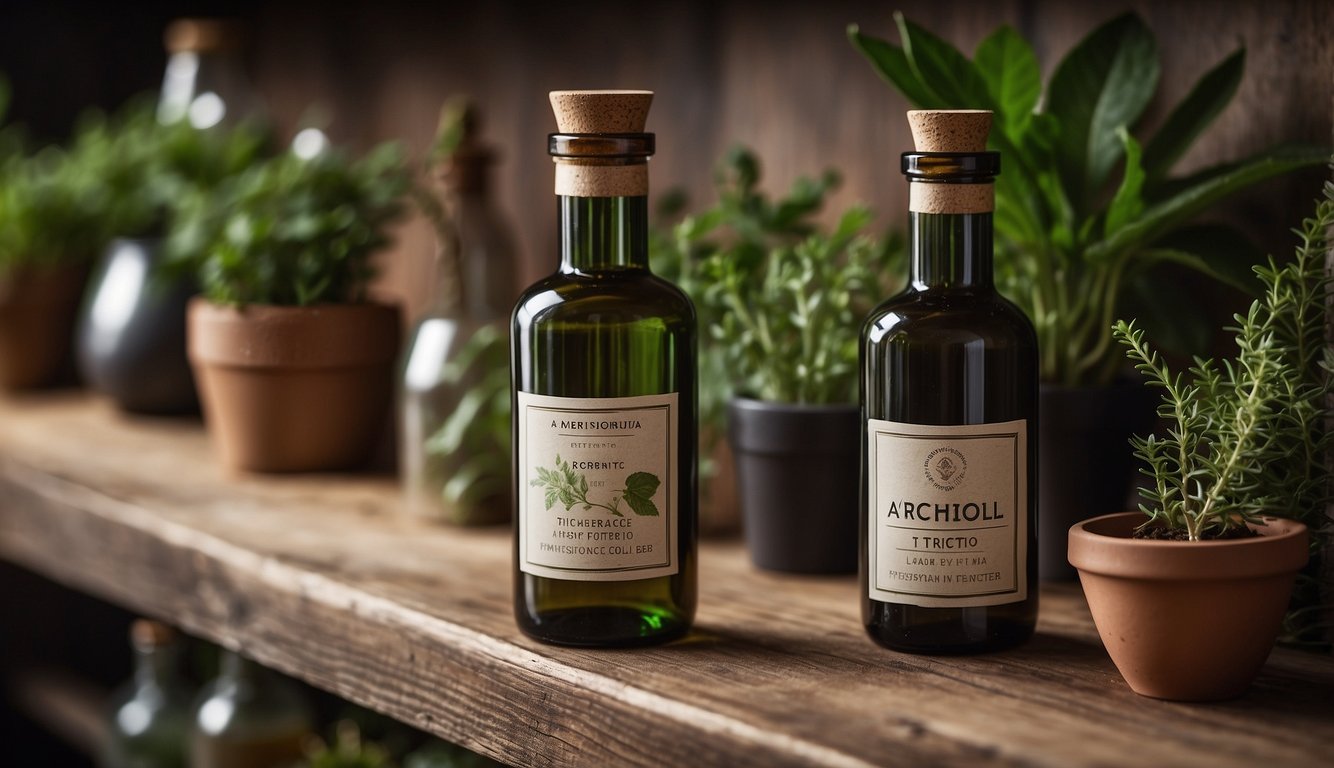 Two bottles of alcohol tincture placed on a wooden shelf, surrounded by potted plants.