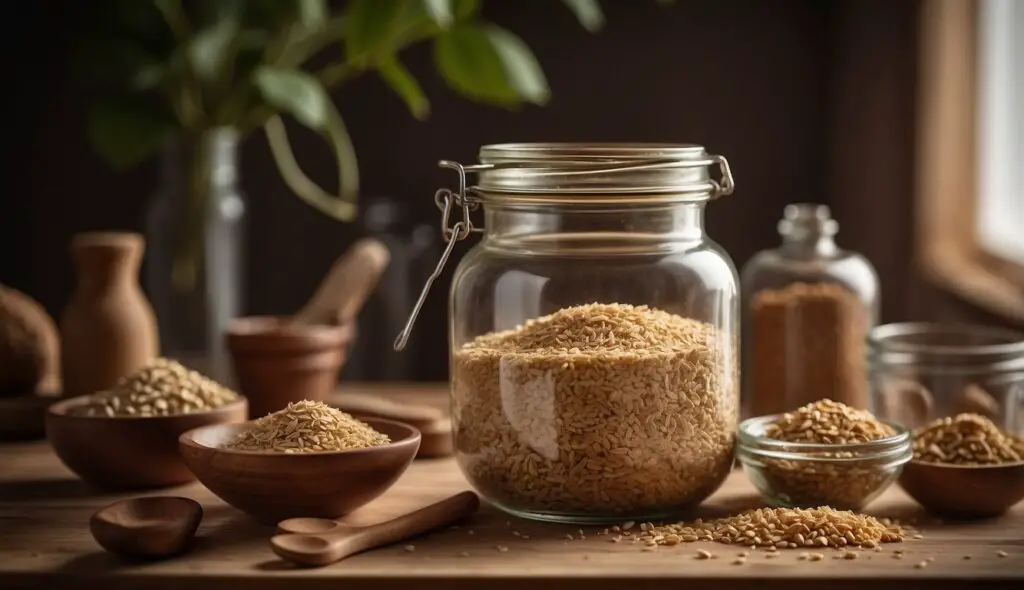 A glass jar filled with Ashwagandha seeds surrounded by wooden bowls and spoons, a glass bottle, and greenery in a dimly lit setting.