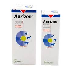 Two boxes of Aurizon ear drops for dogs, featuring the product name, a blue and yellow circular design, and images of dogs.