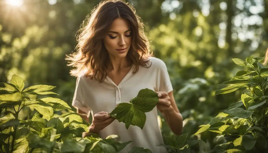 A person holding green leaves amidst a lush garden, symbolizing the natural ingredients in Belif Bergamot Herbal Extract Toner.