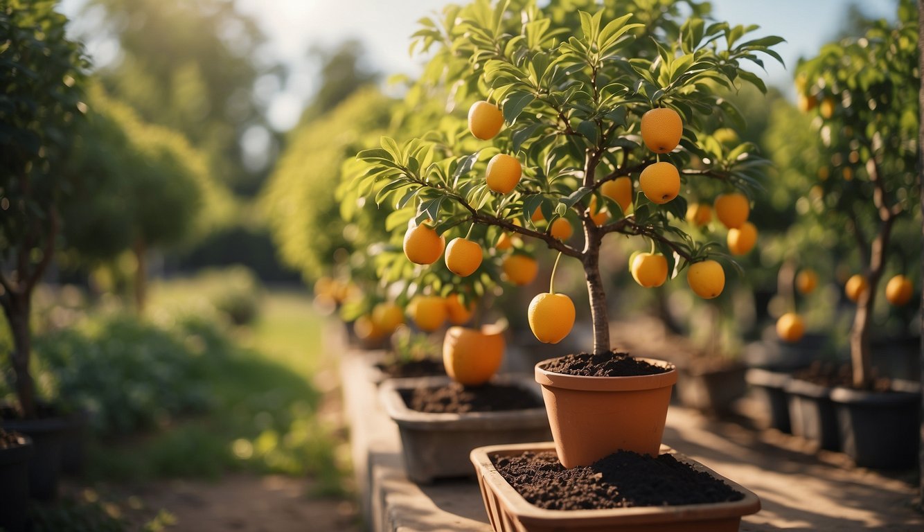 A potted fruit tree with ripe oranges, bathed in sunlight, surrounded by other potted trees.