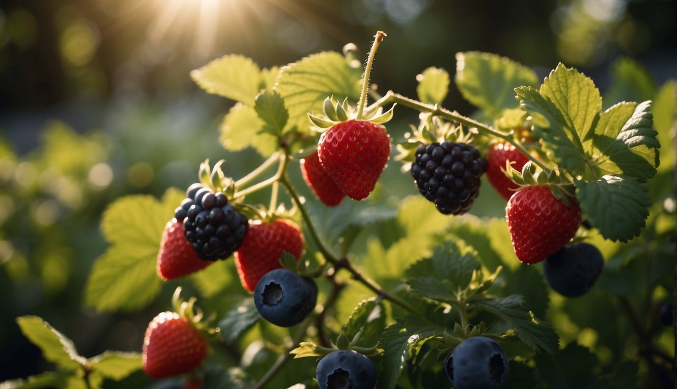 A variety of ripe berries including strawberries, blackberries, and blueberries growing on lush green bushes, illuminated by the golden sunlight.