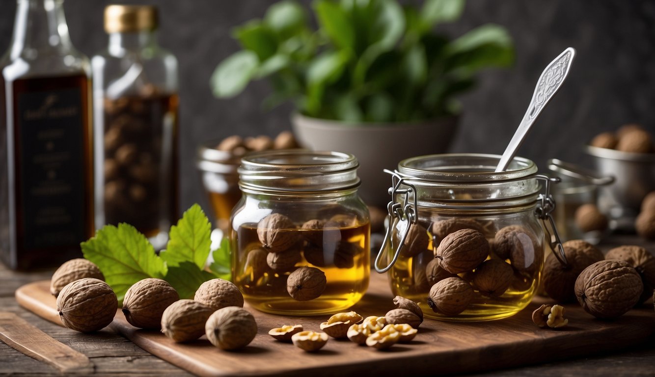 A wooden board with two jars of golden liquid and black walnuts, a bottle of tincture, fresh green leaves, and scattered walnuts.