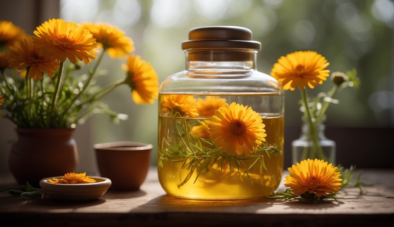 A glass jar filled with calendula tincture surrounded by bright yellow calendula flowers on a wooden surface, illuminated by natural light.