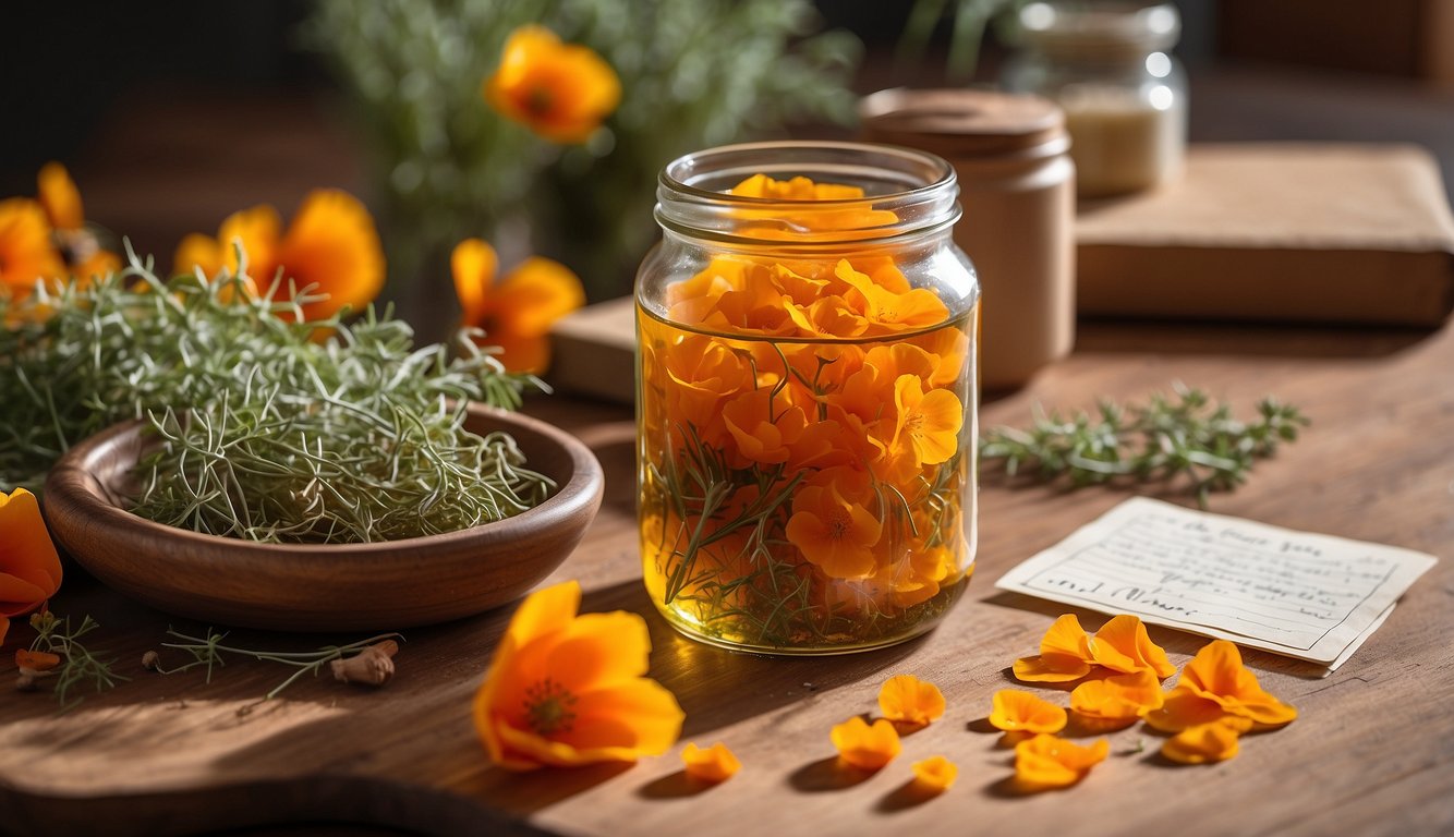 A glass jar filled with bright orange California poppy flowers, surrounded by scattered petals, a wooden bowl of herbs, and a handwritten recipe card on a rustic wooden table.