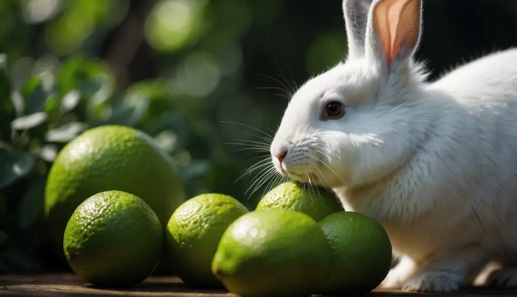 A curious rabbit sniffing a fresh lime slice.