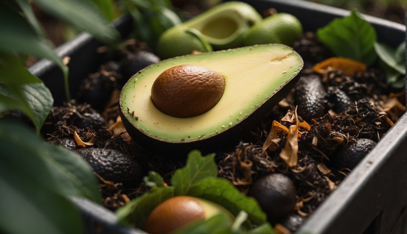 A sliced open avocado with its seed intact, placed on a compost pile with other green waste.