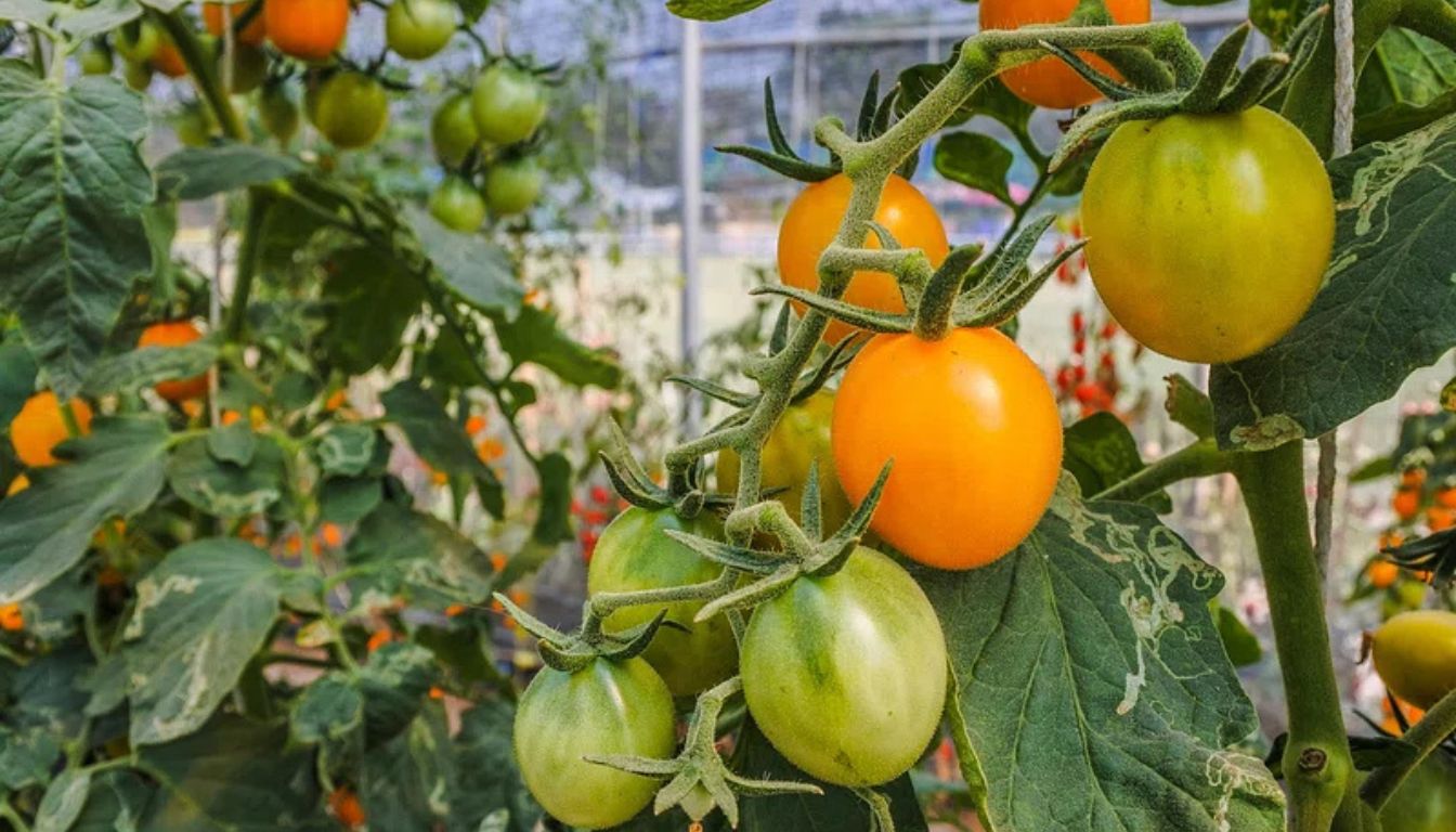 A thriving tomato plant with ripe red tomatoes and green leaves in a garden.