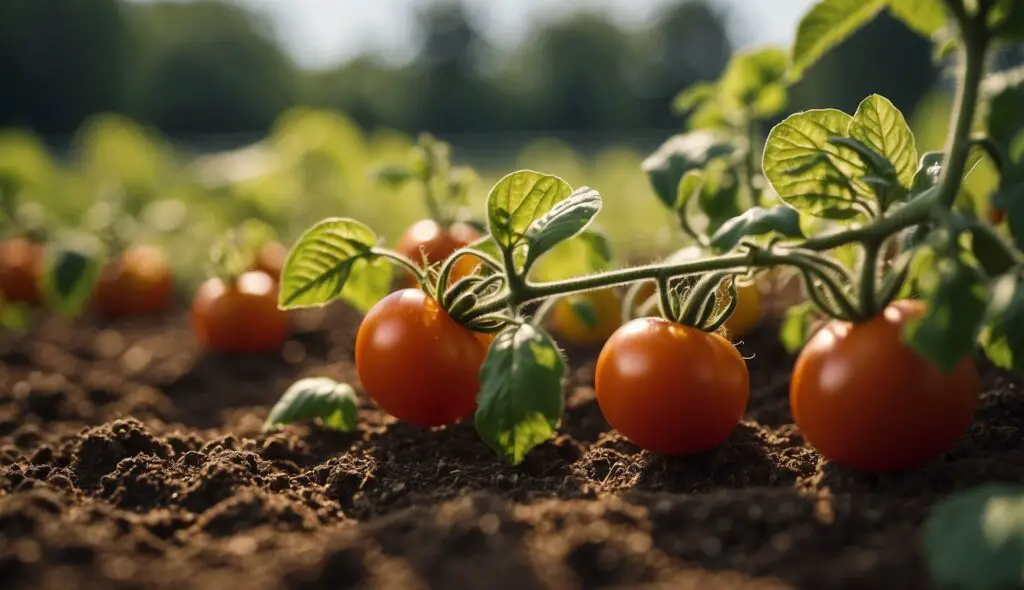 A close-up view of ripe tomatoes growing on a vine, surrounded by rich soil and green leaves, under the bright sunlight.