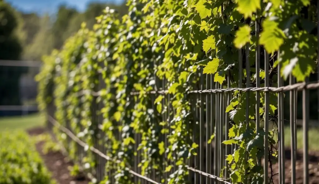 A cattle panel trellis supporting the growth of lush green vines in a garden.