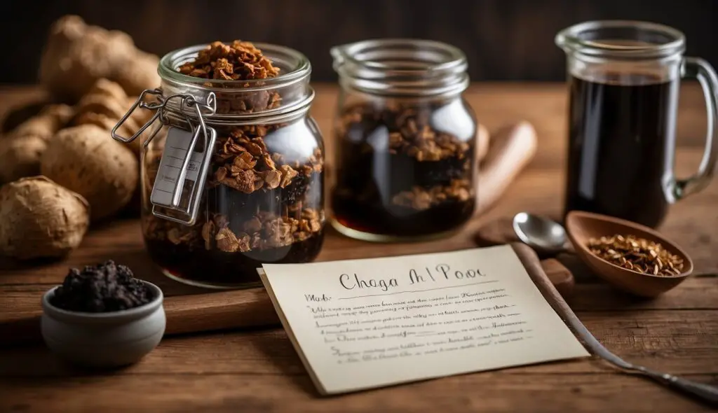 A wooden table with ingredients and a recipe for Chaga tincture, including jars of Chaga, a mug of prepared tincture, and a written recipe.