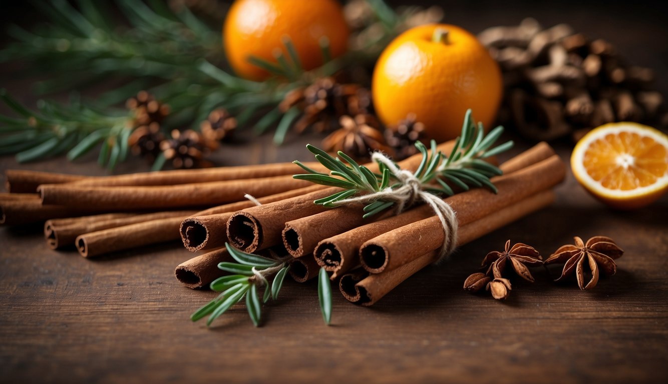 A festive arrangement of Christmas herbs and spices including cinnamon sticks, star anise, fresh rosemary, pine cones, and oranges on a wooden surface.