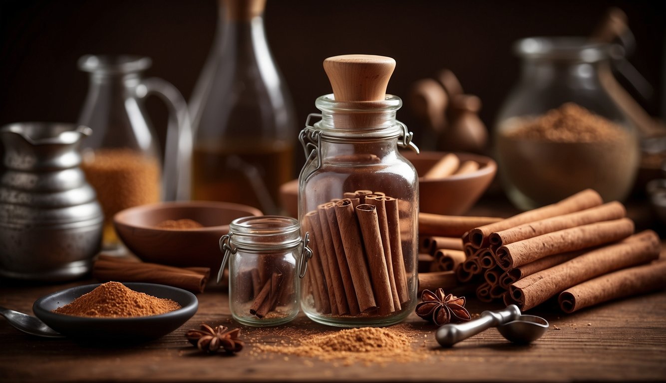 A collection of cinnamon sticks, ground cinnamon, and other spices on a wooden table, ready for making cinnamon tincture.