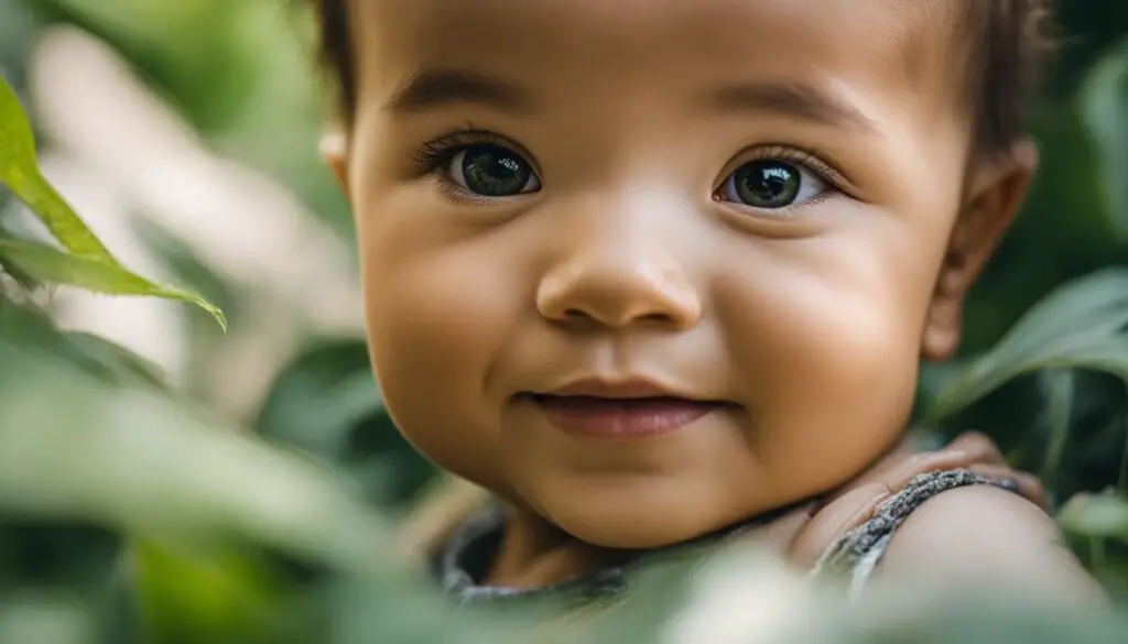 A person surrounded by green foliage with their face blurred.