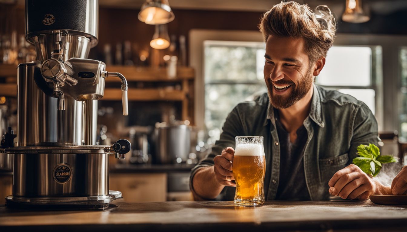 A person enjoying a freshly poured glass of beer at a wooden bar.
