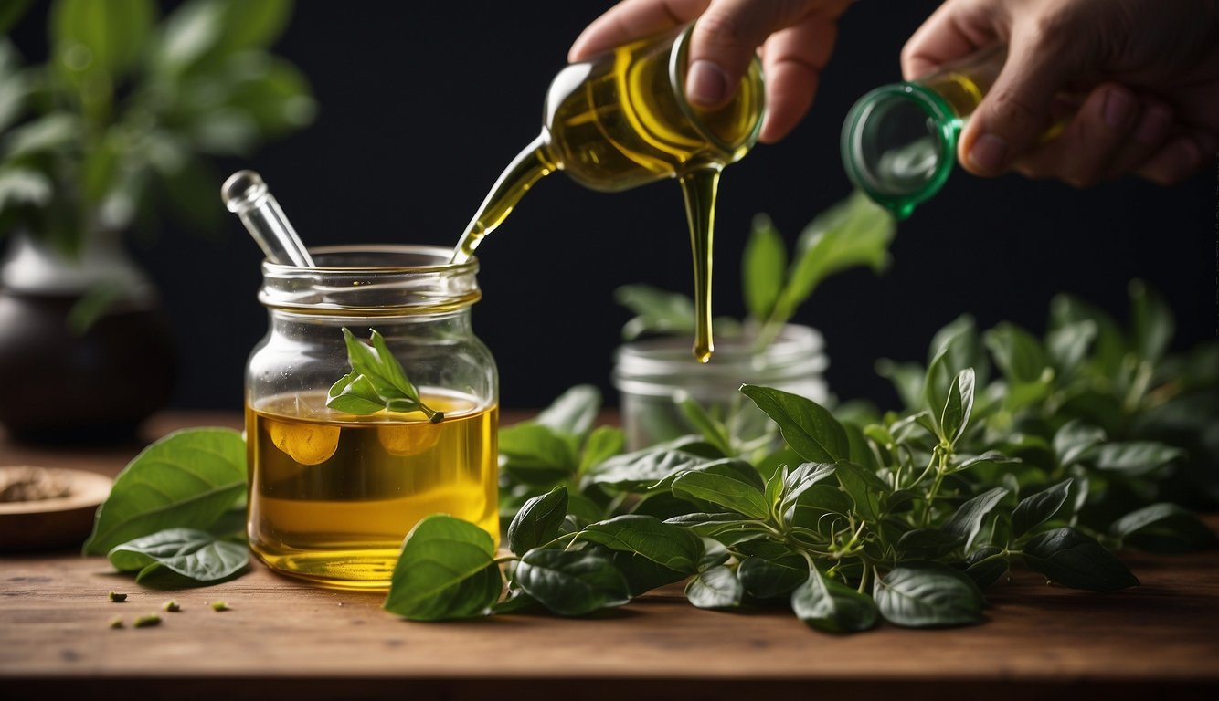 A person pouring oil into a glass jar containing green leaves, with fresh herbs spread out on the table.
