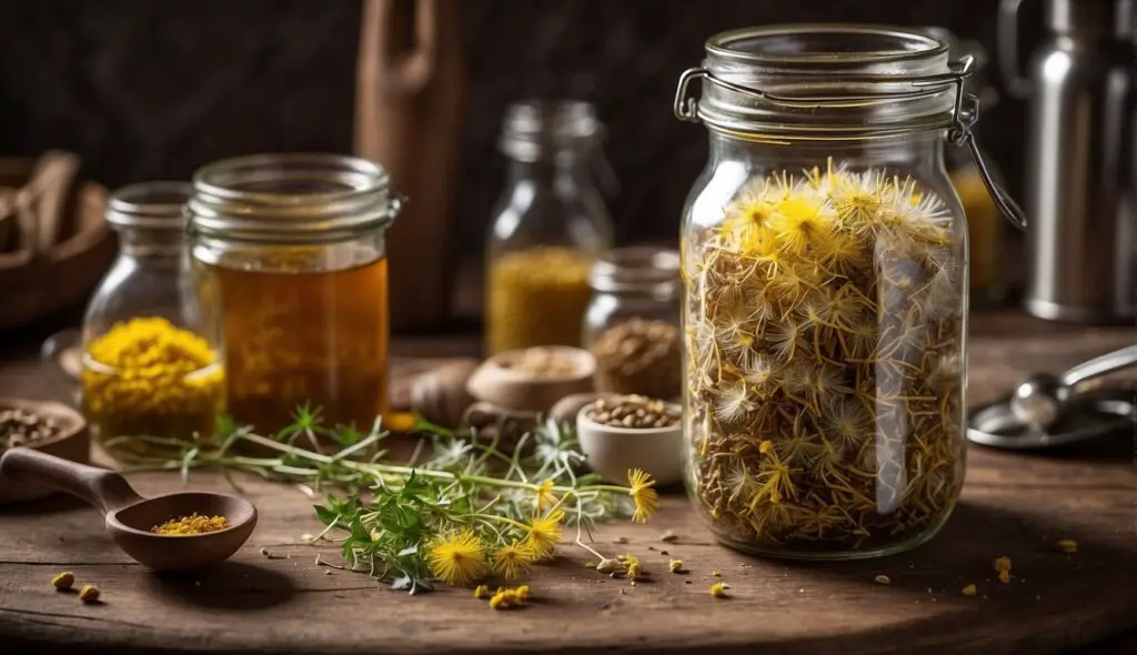 A glass jar filled with dandelion flowers next to a jar of golden liquid, surrounded by various herbs and seeds on a wooden table.