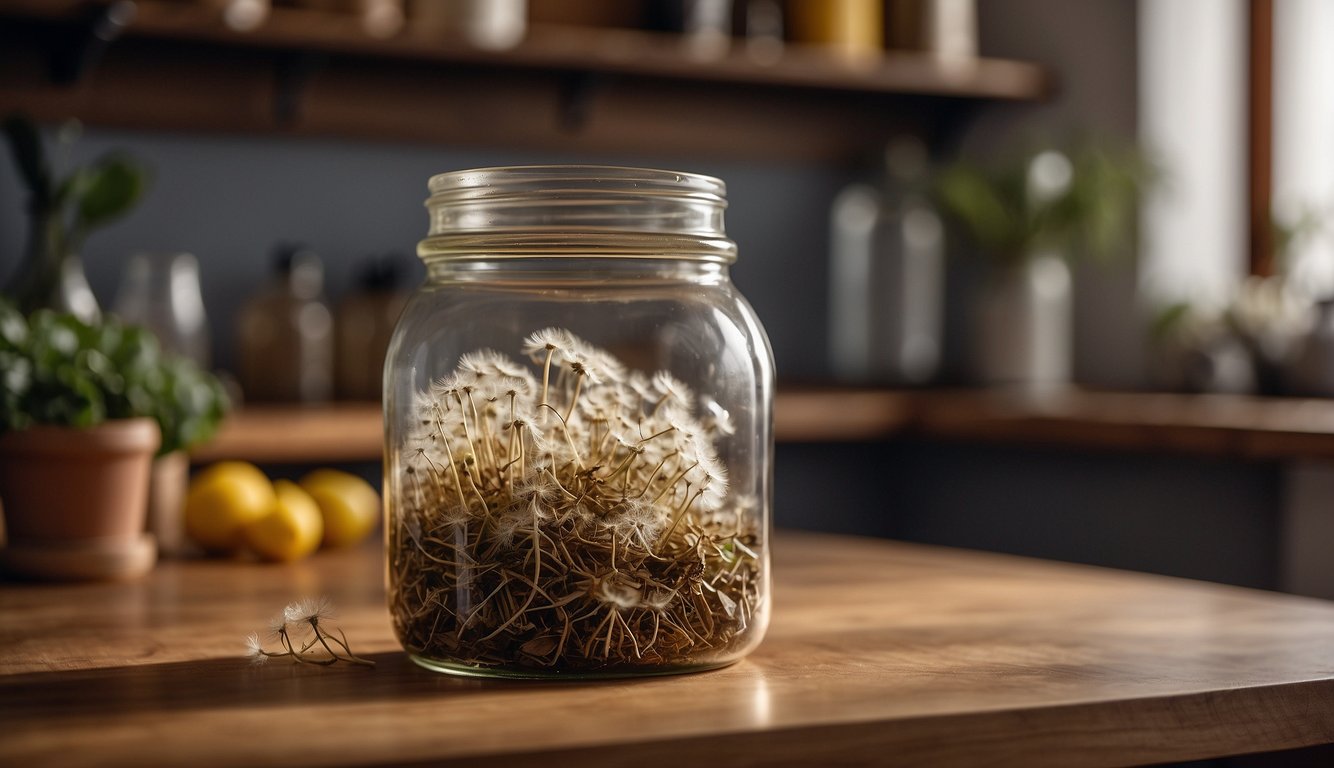 A clear glass jar filled with dandelion roots on a wooden table, with various plants and bottles in the background.