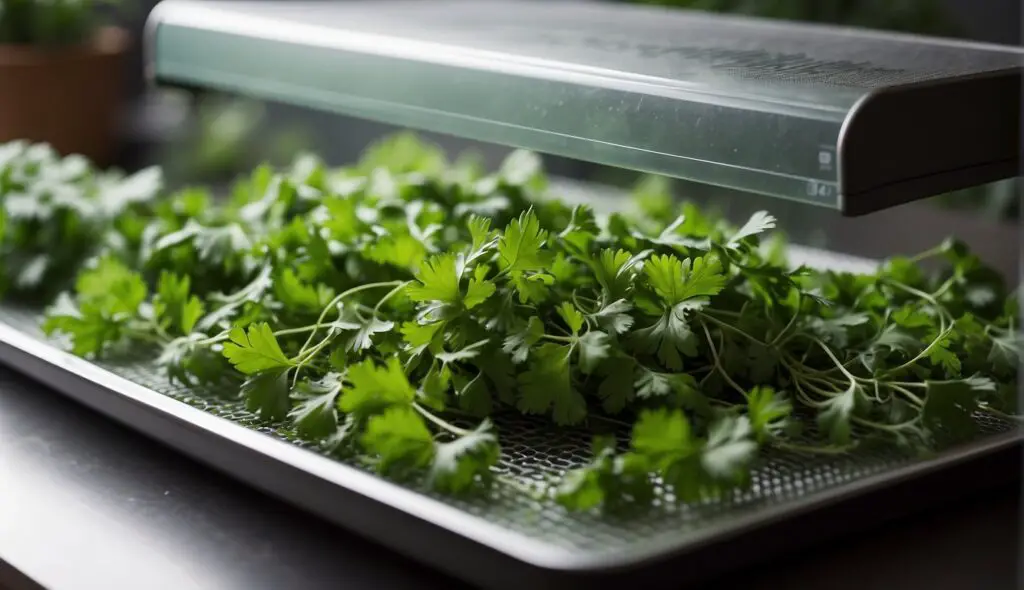 A tray of fresh cilantro being dehydrated under a modern, sleek dehydrator.