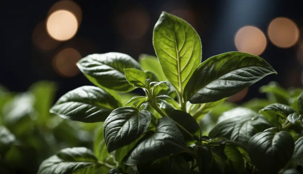 A close-up image of vibrant green basil leaves with a bokeh background.