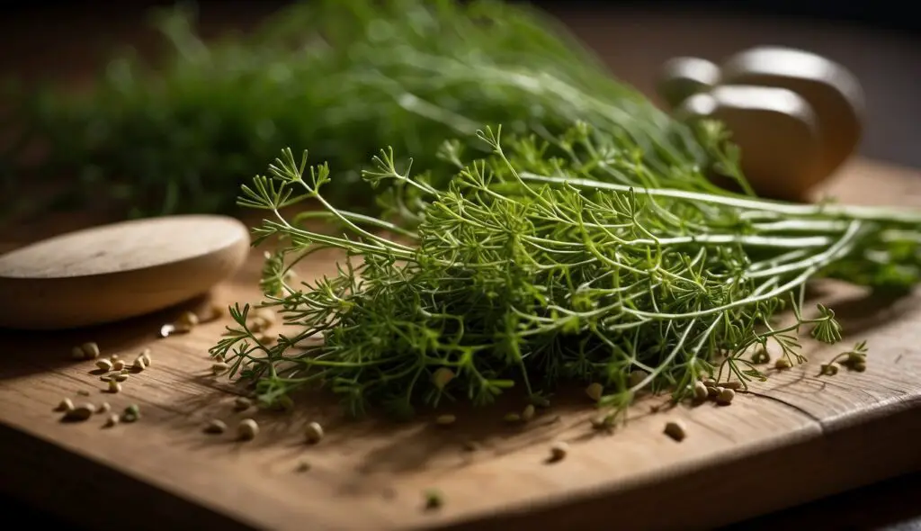 A fresh bundle of dill weed on a wooden cutting board, surrounded by scattered dill seeds and a wooden spoon.