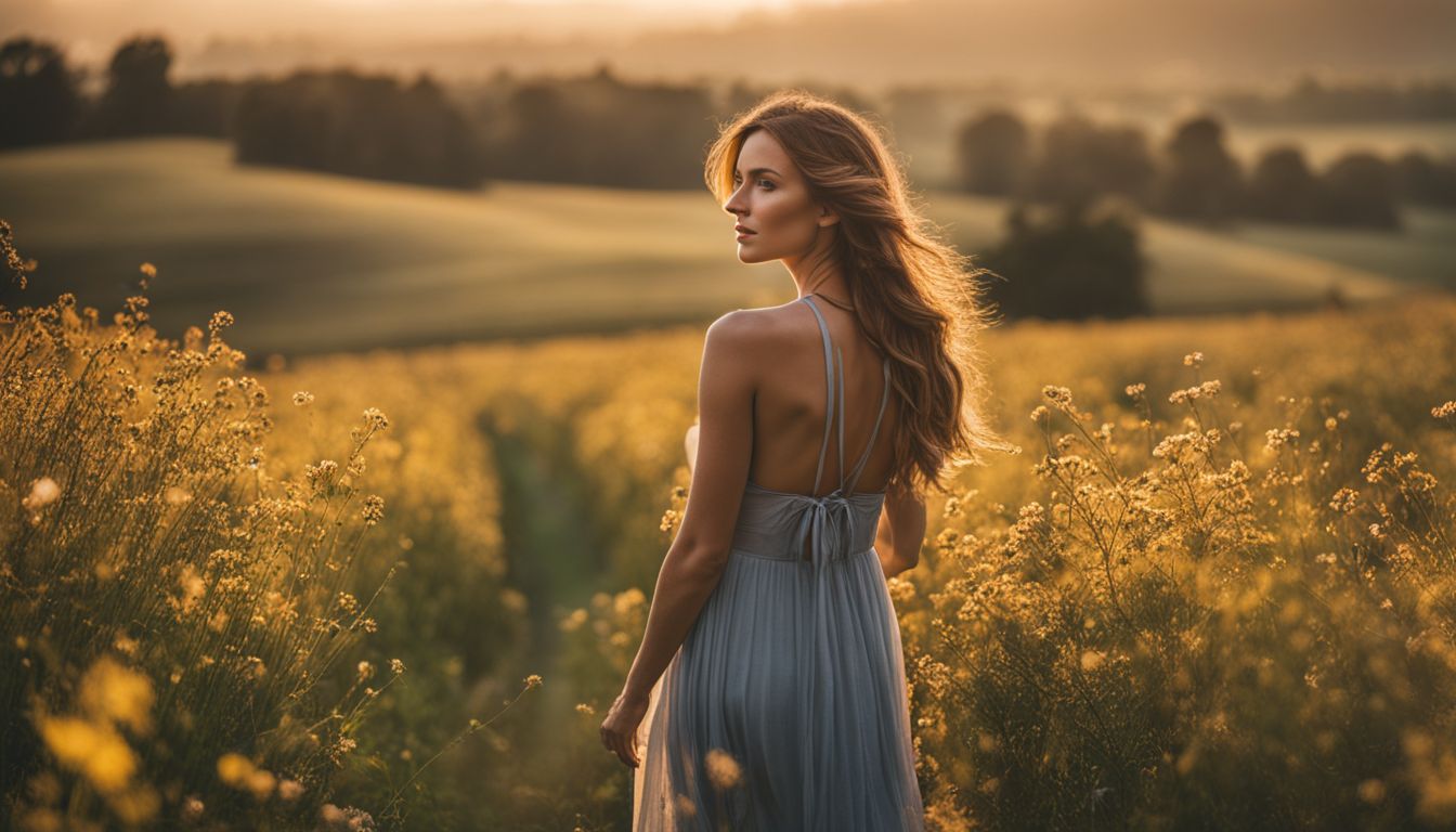 A person standing amidst a field of golden flowers, basking in the warm glow of the setting sun.