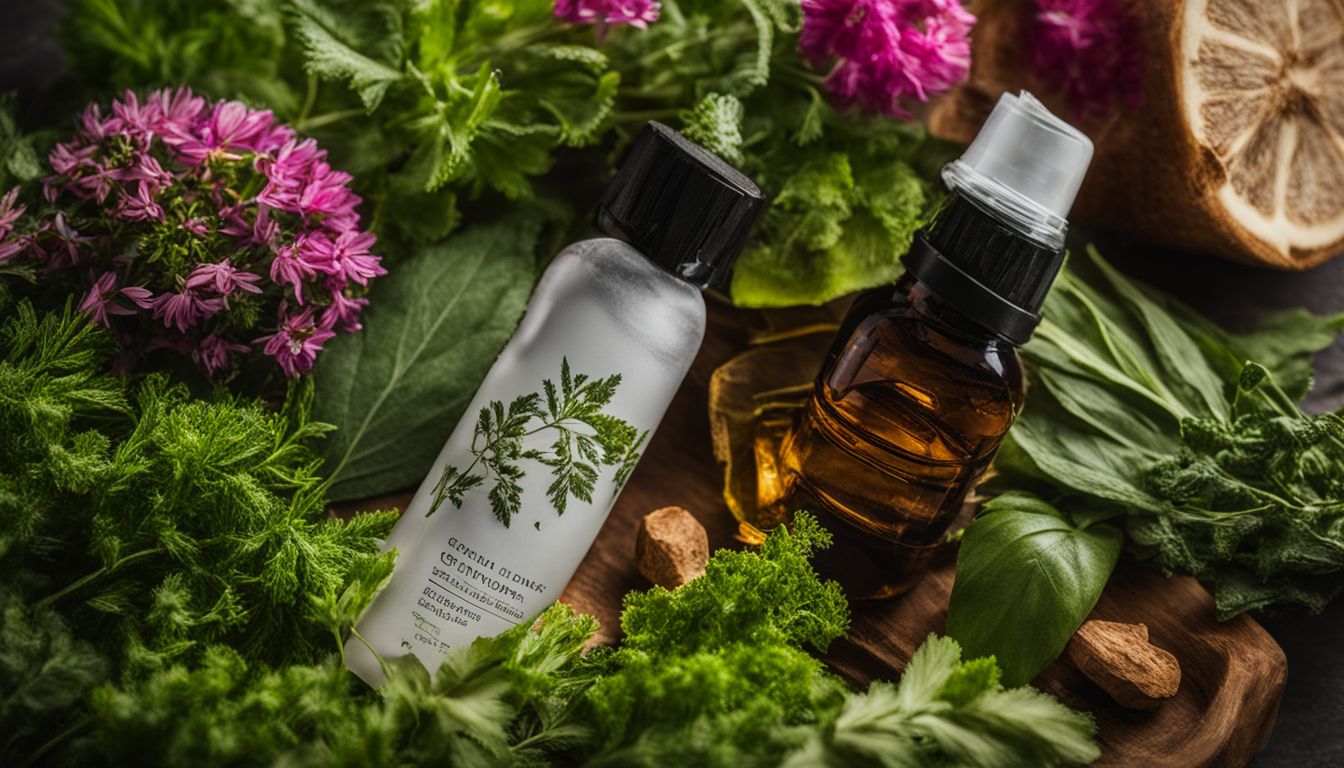 Two bottles of EFS Herbal Drops surrounded by fresh green herbs and flowers.