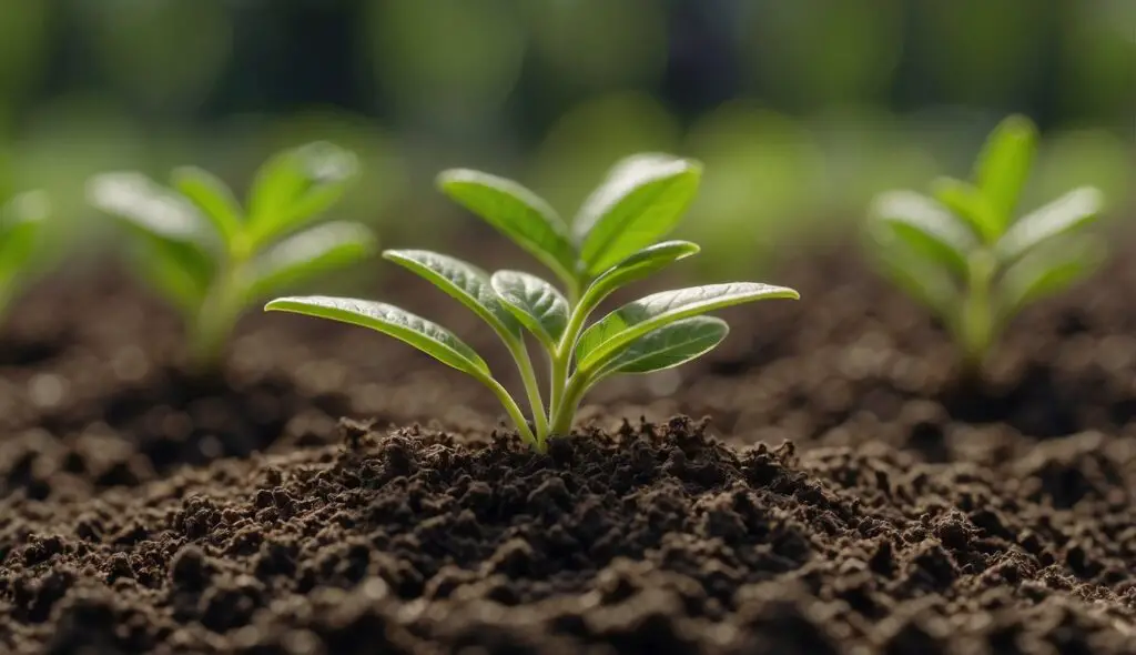 Young green plants emerging from rich, dark soil, illuminated by natural light.