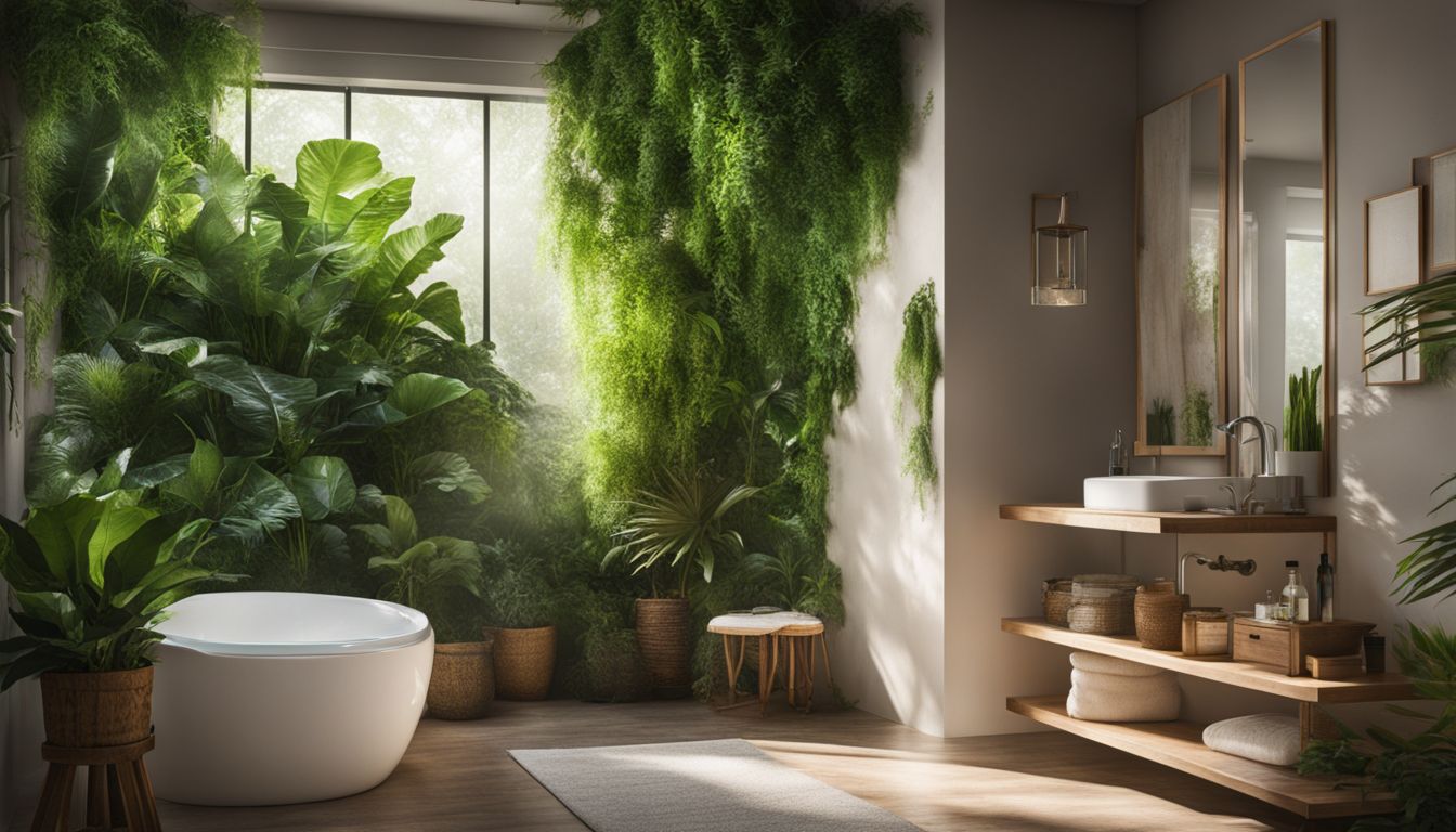 A serene and luxurious bathroom surrounded by lush greenery with a freestanding bathtub, vanity, and various toiletries.
