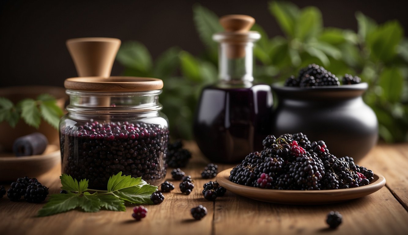 A still life of elderberries, a jar of elderberry tincture, and fresh leaves on a wooden surface.