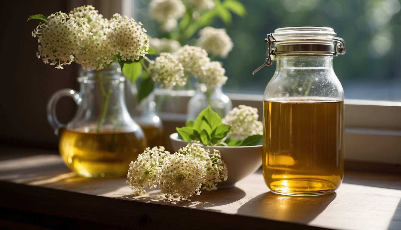 A glass jar filled with golden elderflower tincture sits beside a bowl of fresh elderflowers and a jug of oil, illuminated by sunlight.