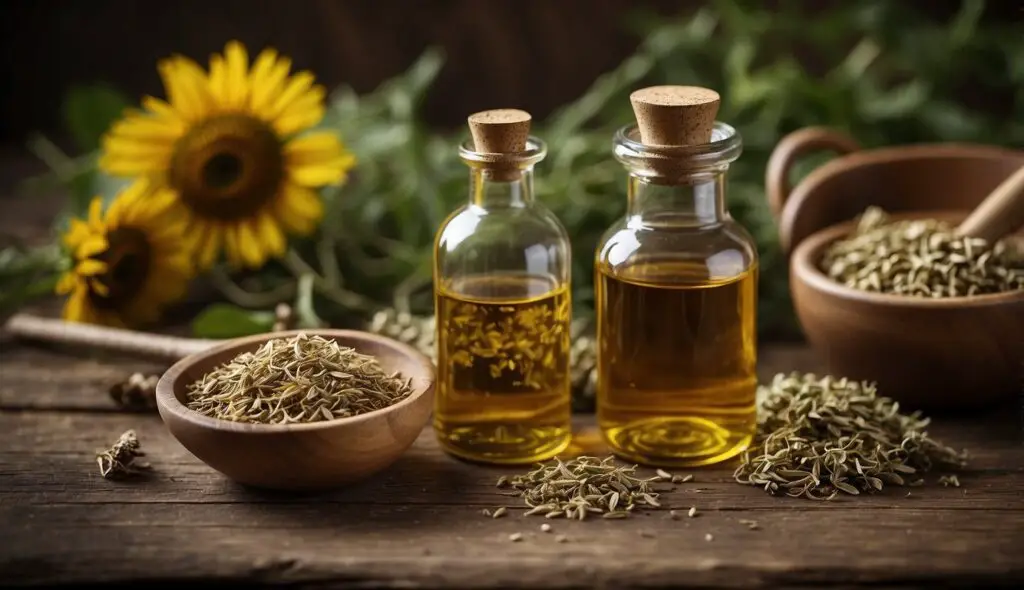 Two bottles of Elecampane Root Tincture with dried roots in wooden bowls and a sunflower in the background.