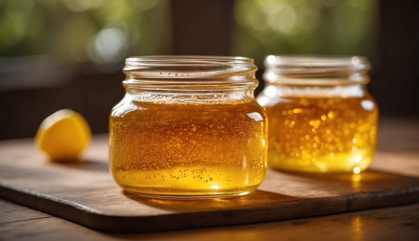 Two jars of golden fermented honey glistening in the sunlight, placed on a wooden surface with a slice of lemon nearby.