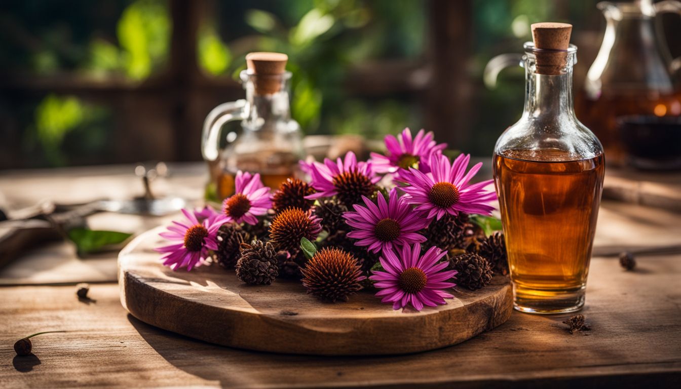 A wooden cutting board with fresh echinacea flowers and roots, alongside a glass bottle filled with a golden-brown liquid, likely echinacea tincture, on a rustic wooden table.