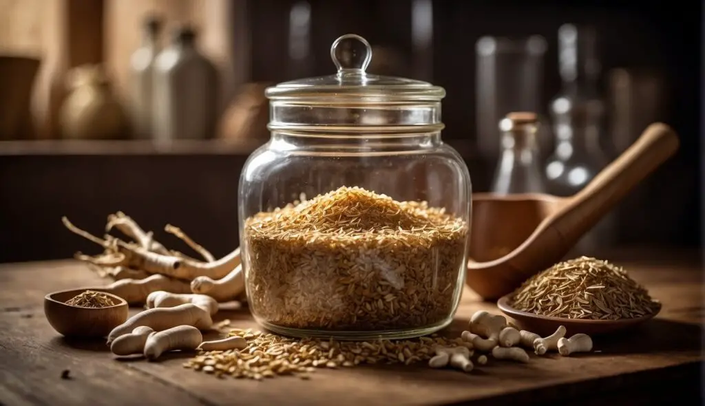 A glass jar filled with dried ginseng surrounded by wooden spoons of herbs and scattered ginseng roots on a wooden table.