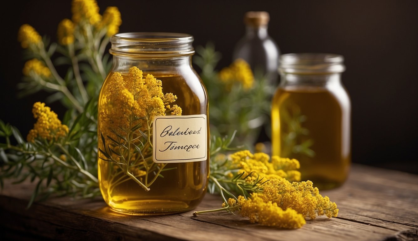 A clear glass jar filled with goldenrod tincture, surrounded by fresh goldenrod flowers on a wooden surface.