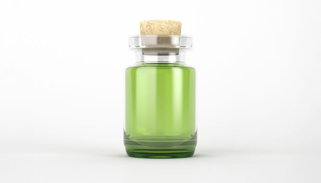A clear glass bottle filled with bright green tincture, sealed with a cork and set against a white background.