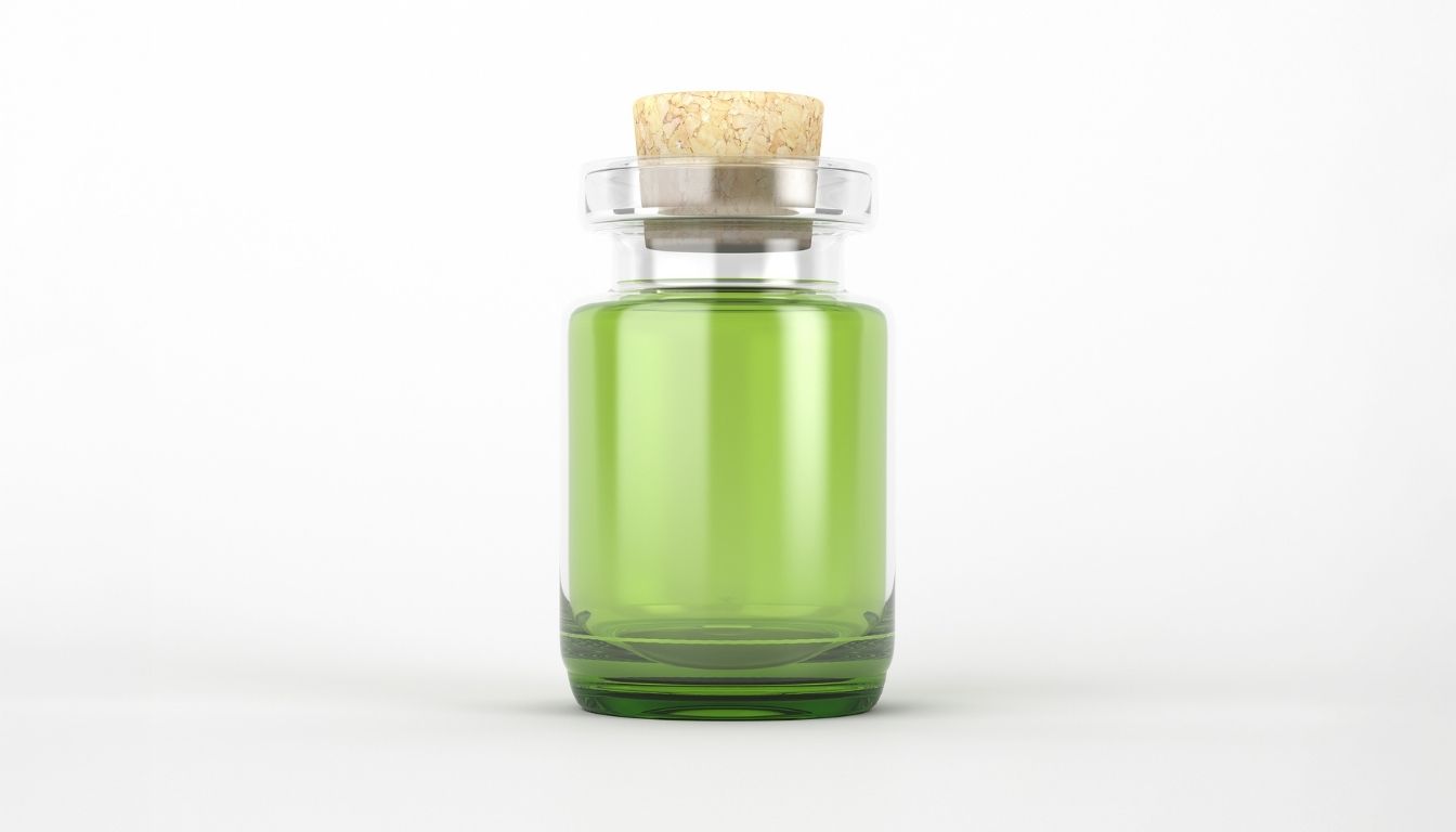 A clear glass bottle filled with bright green tincture, sealed with a cork and set against a white background.