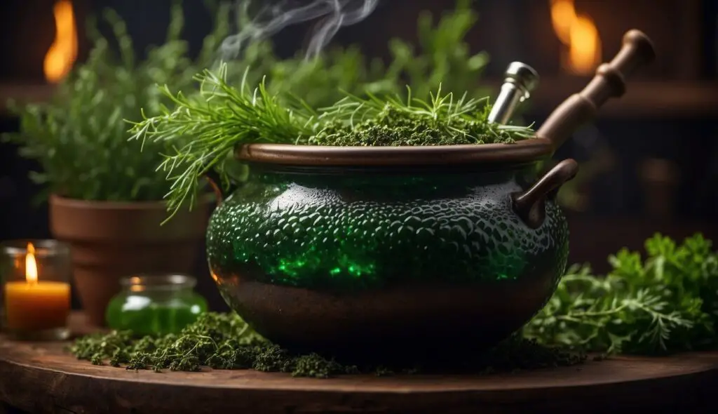 A cauldron with a green tincture recipe, fresh herbs, and candles on a wooden table.