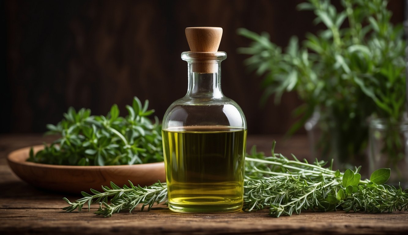 A bottle of green herb oil surrounded by fresh herbs.