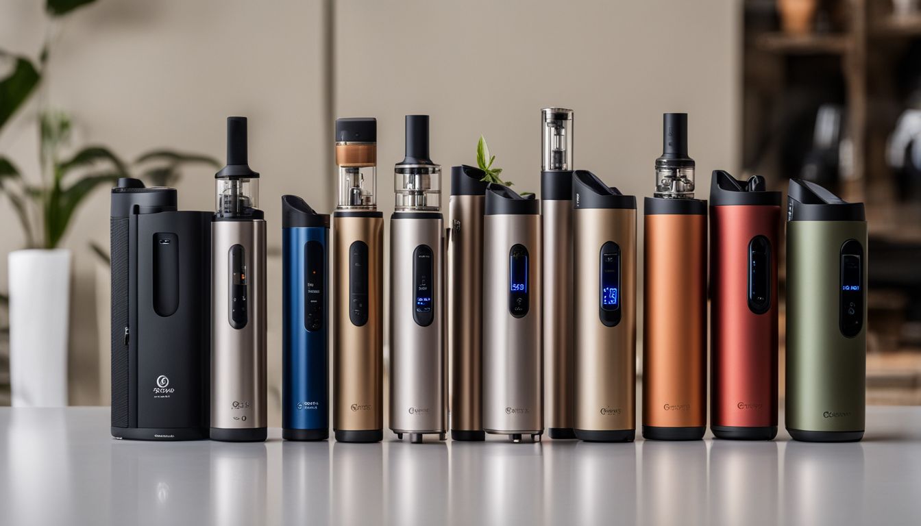 A collection of seven Grenco Science herbal vaporizers in various colors, displayed on a table.