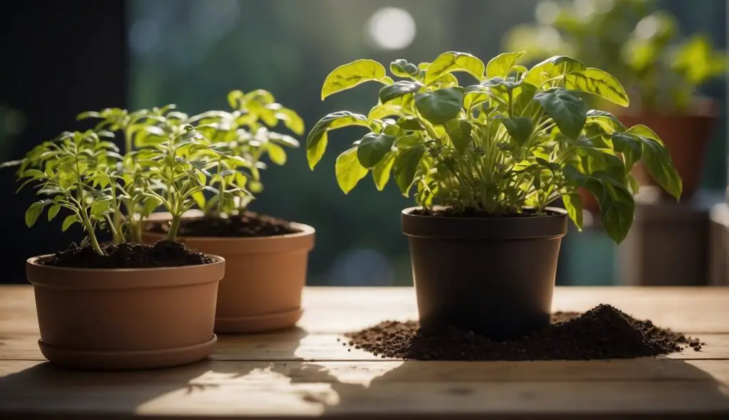 Two small plants in terracotta pots and a larger plant in a black pot, all placed on a wooden surface with sunlight illuminating the leaves.