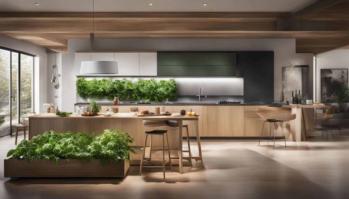 A modern kitchen with hydroponically grown herbs on the countertop and hanging above, providing a fresh and green atmosphere.